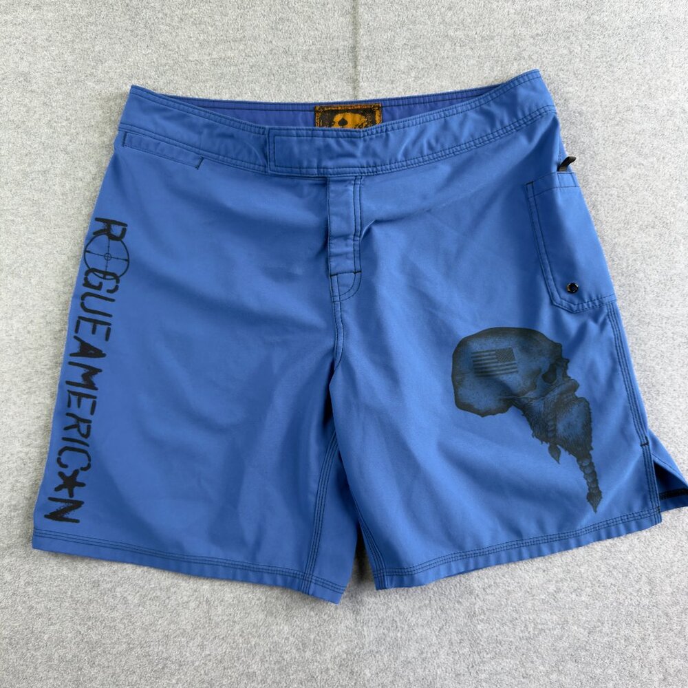 Rogue American Men’s Large Blue Boardshorts Skull Graphic Drawstring Swim Trunks